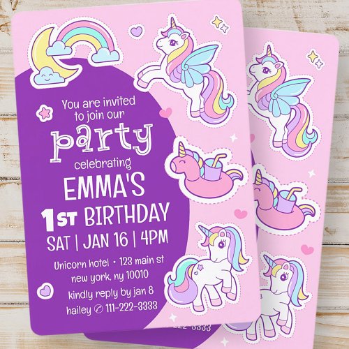 Cute Modern Rainbow Unicorns Kids Birthday Party Invitation