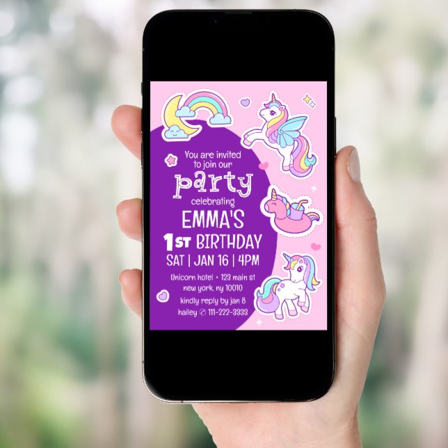 Cute Modern Rainbow Unicorns Kid's Birthday Party Invitation (Front Digital)