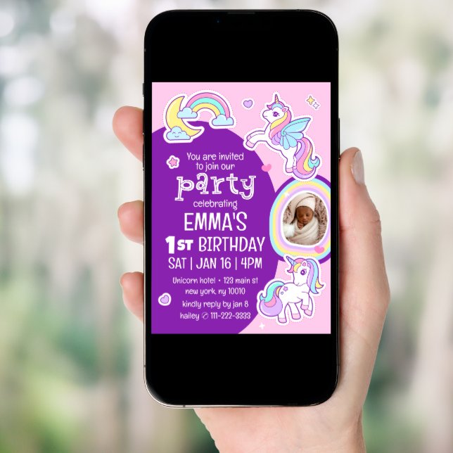 Cute Modern Rainbow Unicorns Kid's Birthday Photo Invitation (Front Digital)