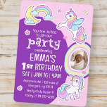 Cute Modern Rainbow Unicorns Kid's Birthday Photo Invitation<br><div class="desc">Composed of fun sans serif handwritten typography; Cute unicorn  in the backgroud

This is designed by Select Party Supplies,  exclusive for Zazzle.

Available here:
http://www.zazzle.com/store/selectpartysupplies</div>