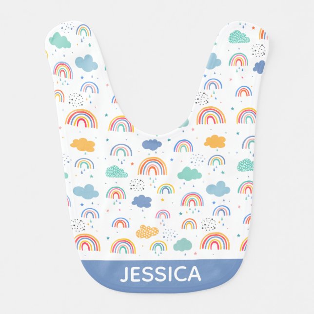 Cute Modern Rainbows & Clouds Pattern Personalised Baby Bib (Front)