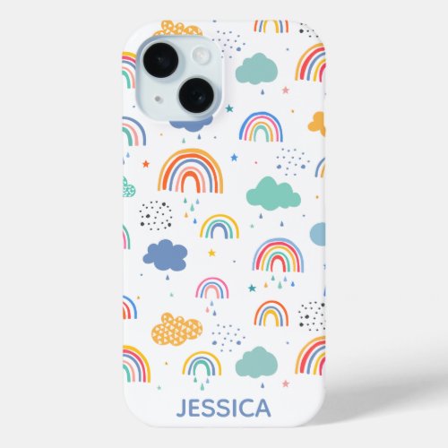 Cute Modern Rainbows  Clouds Pattern Personalised iPhone 15 Case