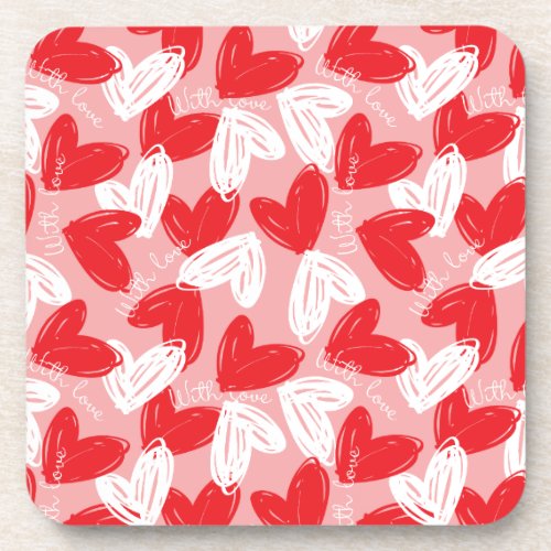 Cute Modern red and white hearts pattern Beverage Coaster