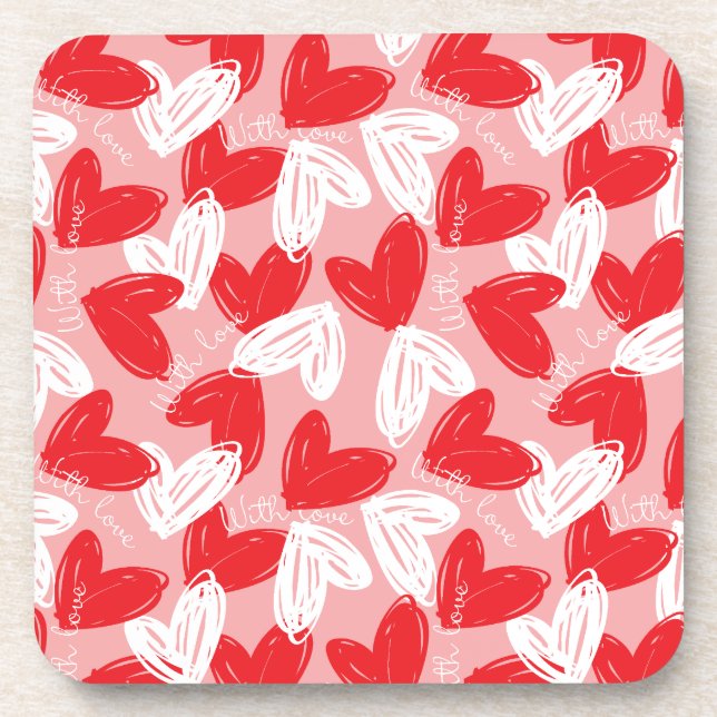 Cute Modern red and white hearts pattern Beverage Coaster (Front)