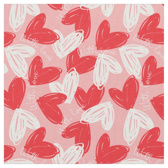 Cute Modern red and white hearts pattern Fabric (Close Up)