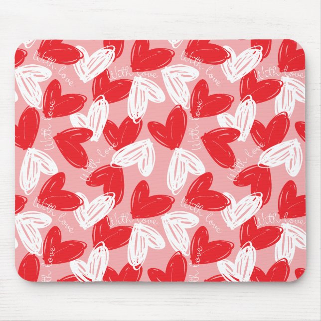 Cute Modern red and white hearts pattern Mouse Pad (Front)