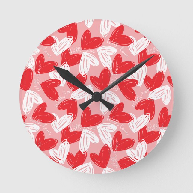 Cute Modern red and white hearts pattern Round Clock (Front)