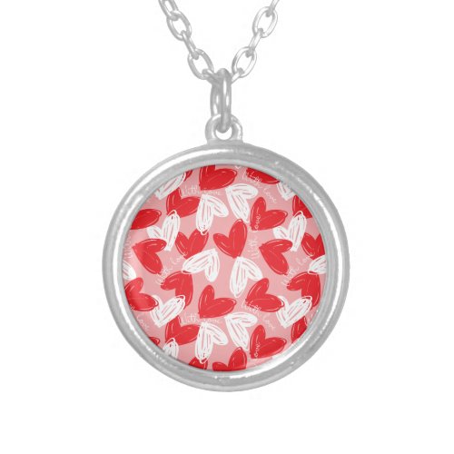 Cute Modern red and white hearts pattern Silver Plated Necklace