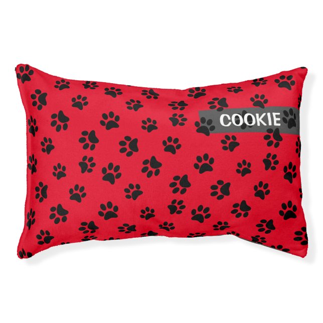Cute Modern Red & Black Paw Print Dog Personalized Pet Bed (Front)