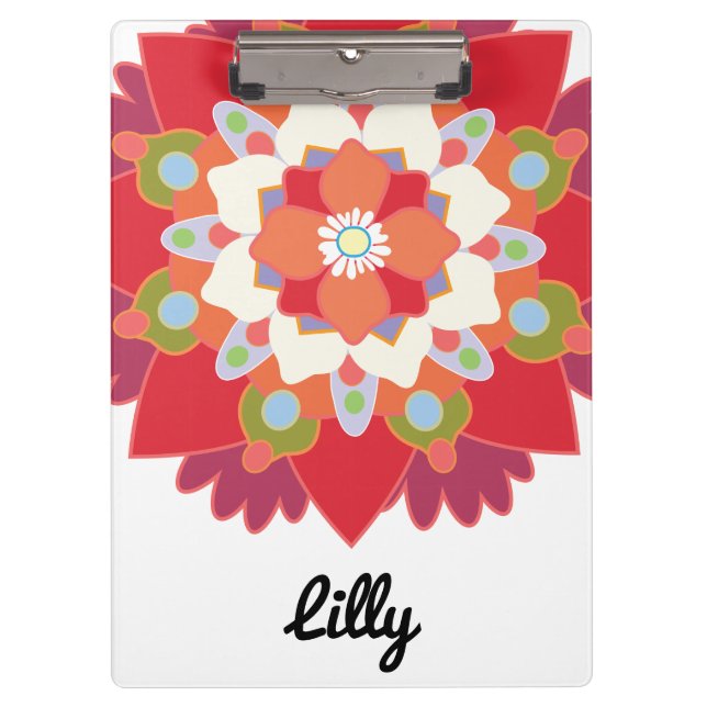Cute Modern Red Floral Lotus Mandala Personalized Clipboard (Front)