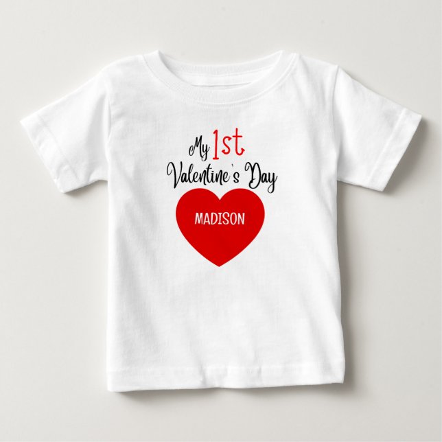Cute Modern Red Heart My 1st Valentine's Day Baby T-Shirt (Front)