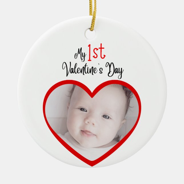 Cute Modern Red Heart My 1st Valentine's Day Ceramic Ornament (Front)