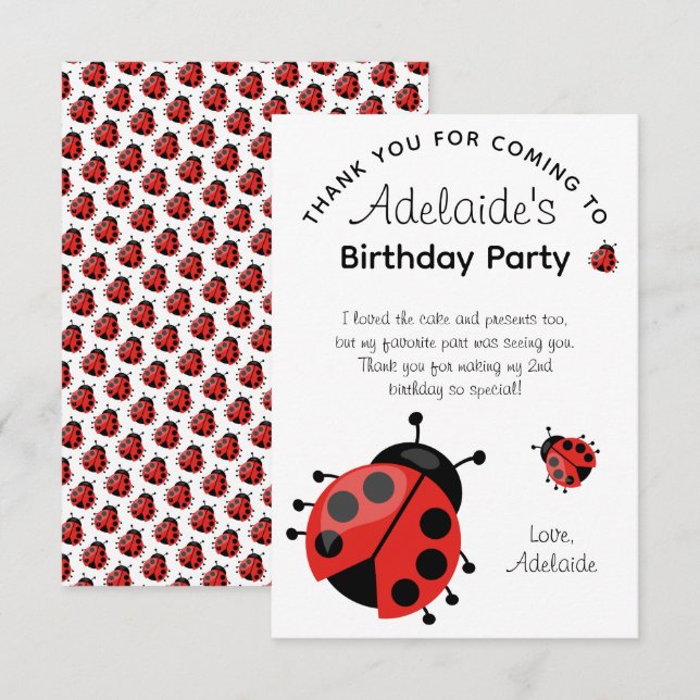 Cute Modern Red Ladybug Birthday Party Thank You Card (Front/Back)