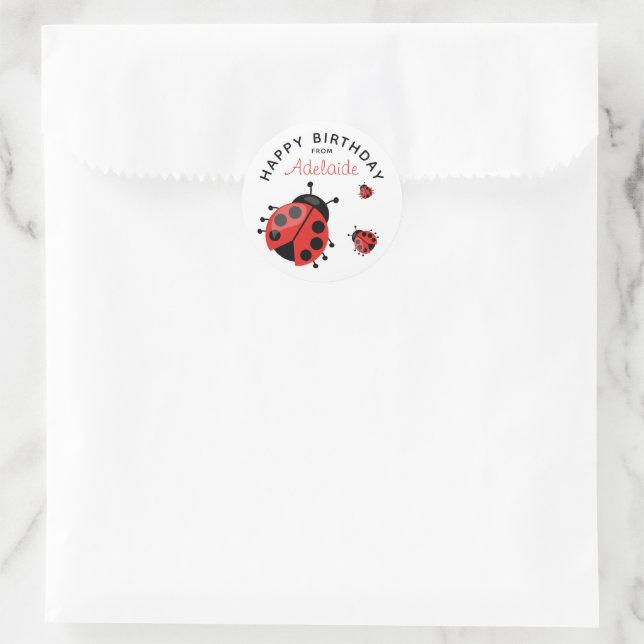 Cute Modern Red Ladybug Happy Birthday Custom Classic Round Sticker (Bag)