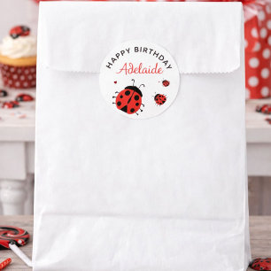 Cute Modern Red Ladybug Happy Birthday Custom Classic Round Sticker