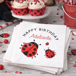 Cute Modern Red Ladybug Happy Birthday Custom Napkins