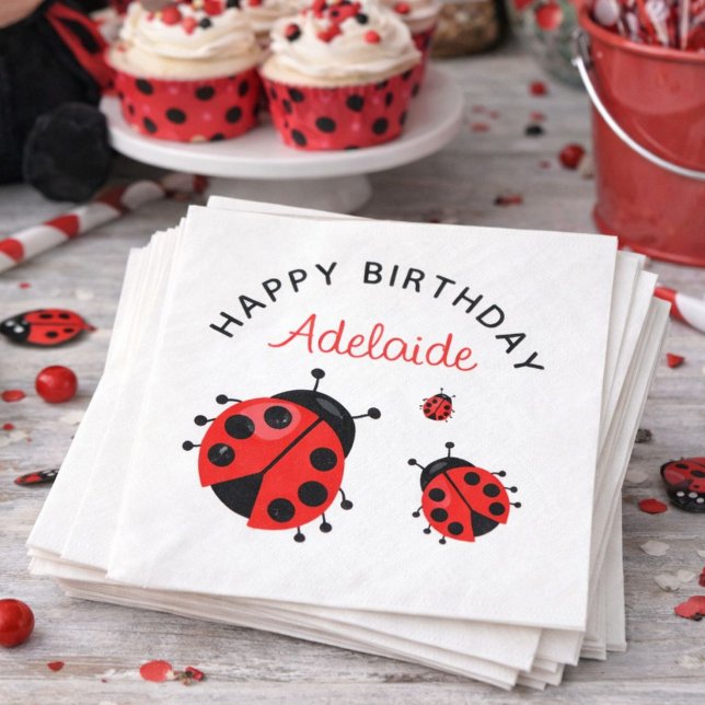 Cute Modern Red Ladybug Happy Birthday Custom Napkins (Creator Uploaded)