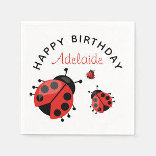 Cute Modern Red Ladybug Happy Birthday Custom Napkins