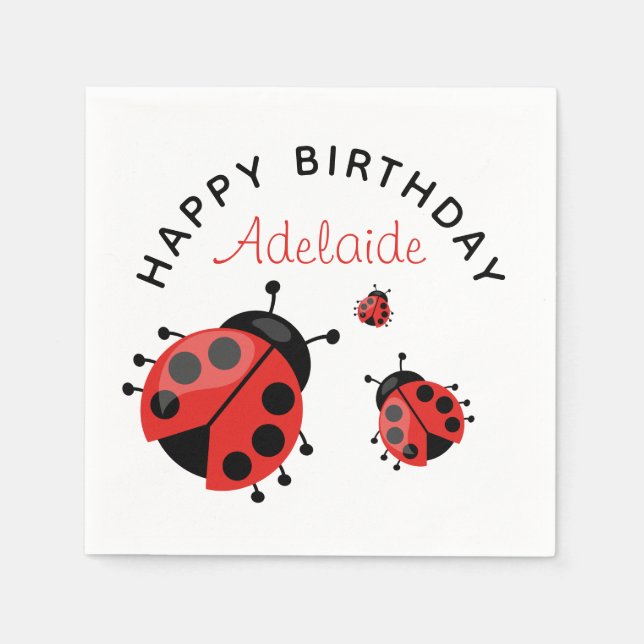 Cute Modern Red Ladybug Happy Birthday Custom Napkins (Front)