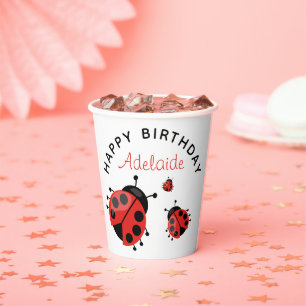 Cute Modern Red Ladybug Happy Birthday Custom Paper Cups