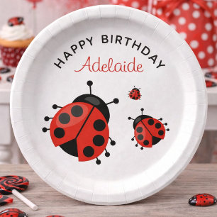 Cute Modern Red Ladybug Happy Birthday Custom Paper Plates