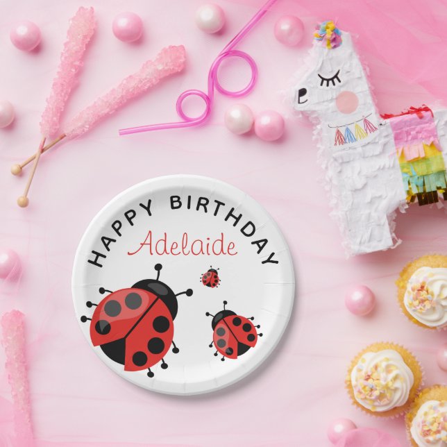 Cute Modern Red Ladybug Happy Birthday Custom Paper Plates (Party)