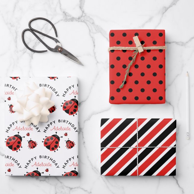 Cute Modern Red Ladybug Kids Wrapping Paper Sheets (Front)