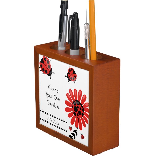 Cute Modern Red Ladybug Personalized Desk Organizer (In Situ)