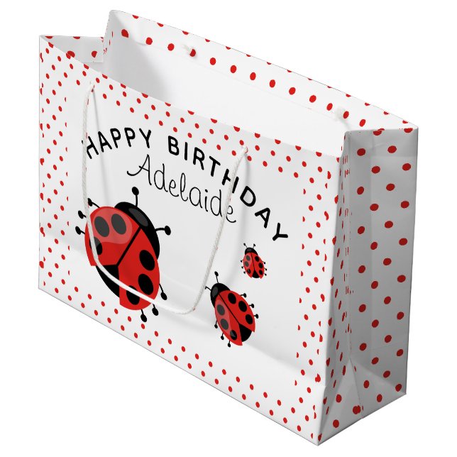 Cute Modern Red Ladybug Personalized Large Gift Bag (Front Angled)