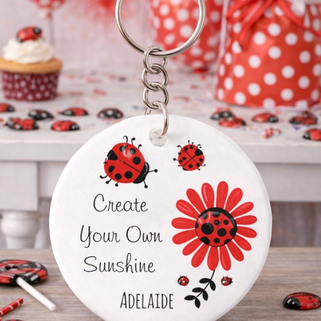 Cute Modern Red Ladybug Personalized Name Keychain (Creator Uploaded)