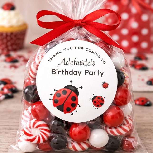 Cute Modern Red Ladybug Personalized Thank You Classic Round Sticker (Creator Uploaded)