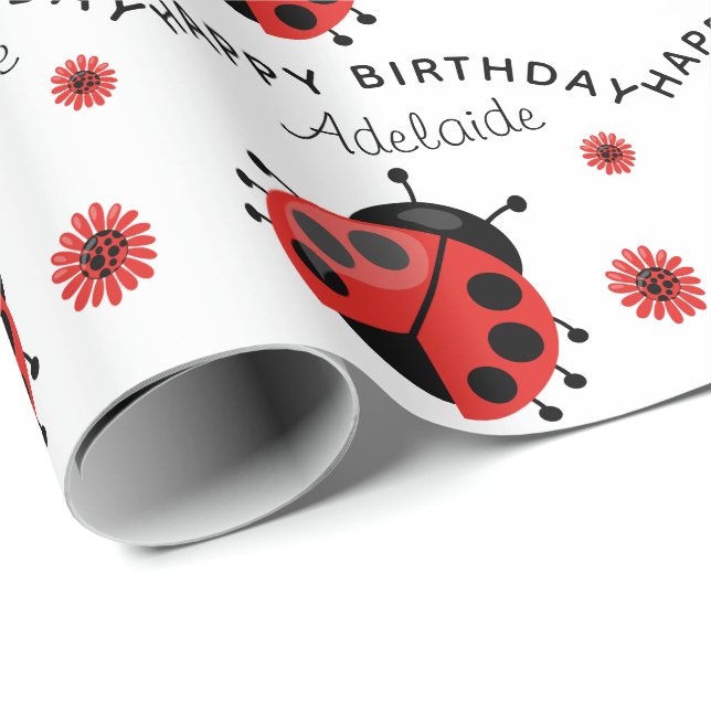 Cute Modern Red Ladybug Personalized Wrapping Pape Wrapping Paper (Roll Corner)