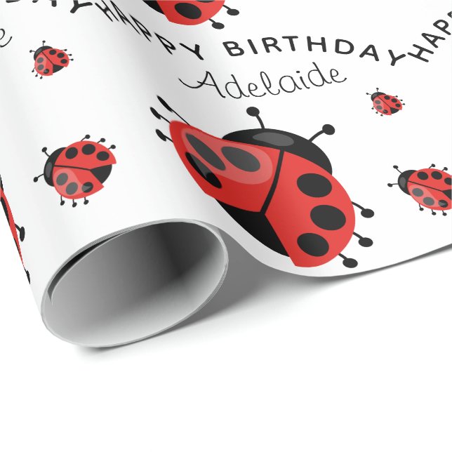 Cute Modern Red Ladybug Personalized Wrapping Paper (Roll Corner)