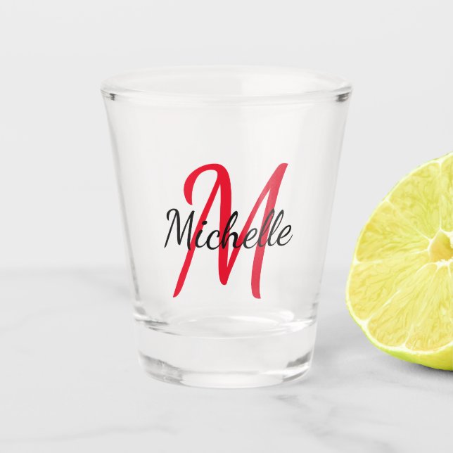 Cute Modern Red Monogrammed Name + Initial Shot Glass (Front)