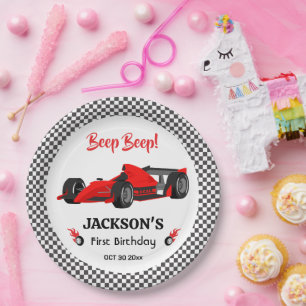 Cute modern Red Racing Car 1st birthday Party Paper Plates