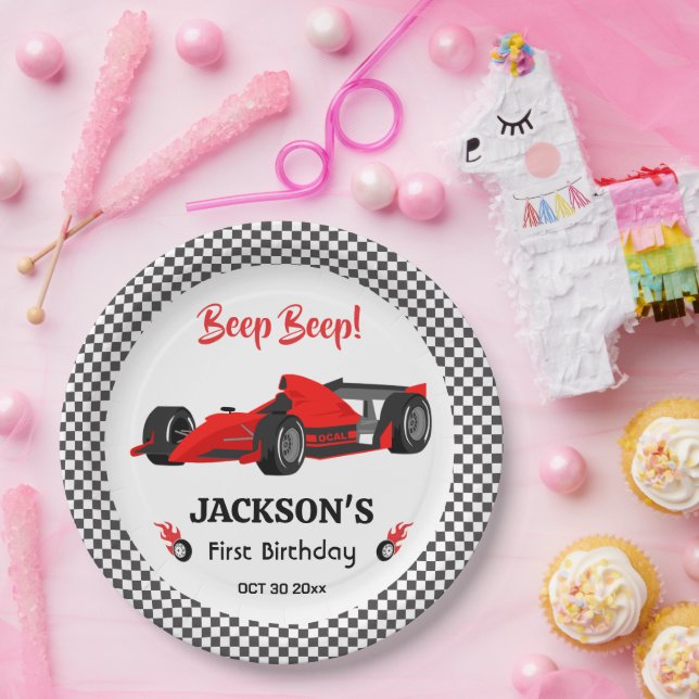 Cute modern Red Racing Car 1st birthday Party  Paper Plates (Party)
