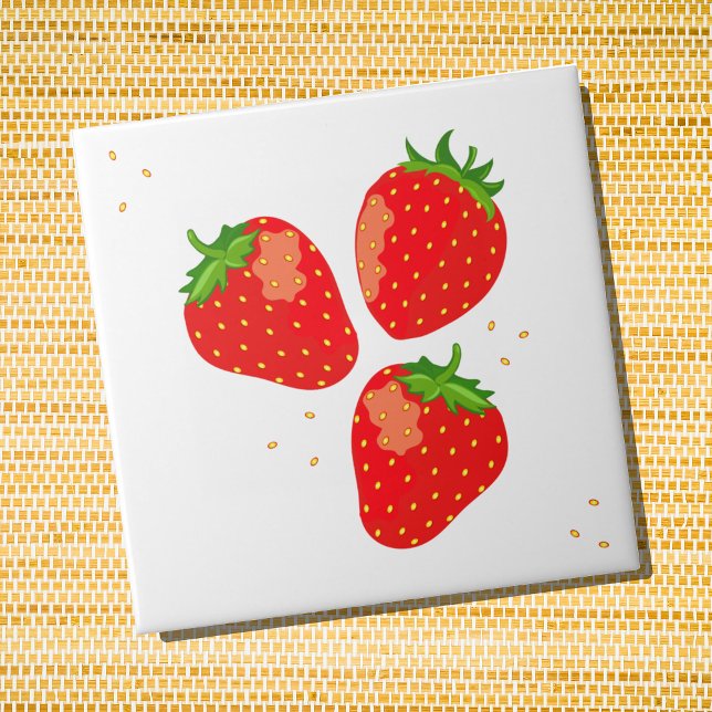 Cute Modern Red Strawberries Ceramic Tile (Strawberries colorful ceramic wall tile)