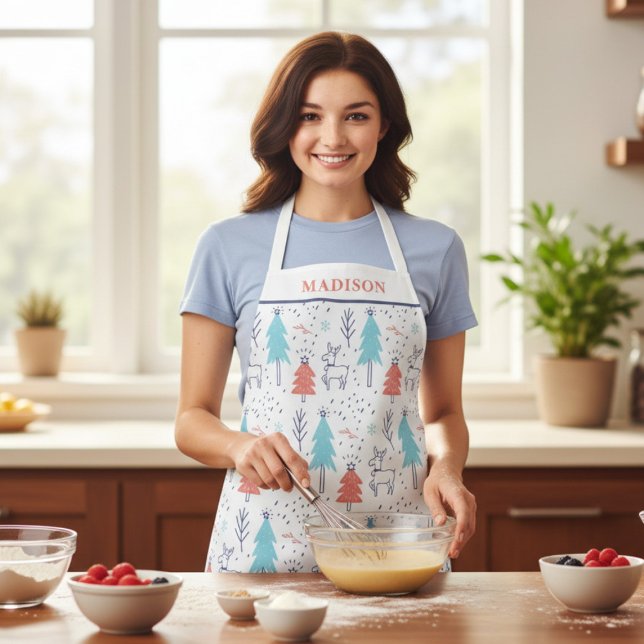 Cute Modern Reindeer Christmas Personalized Name Apron (Creator Uploaded)