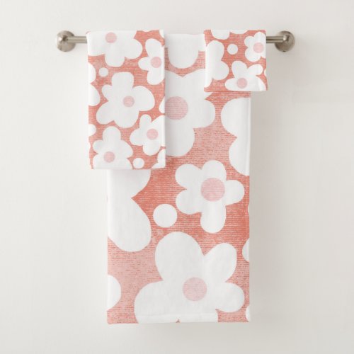 Cute Modern Retro Daisy Pattern Pink Terracotta Bath Towel Set