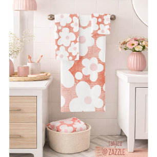Cute Modern Retro Daisy Pattern Pink Terracotta Bath Towel Set