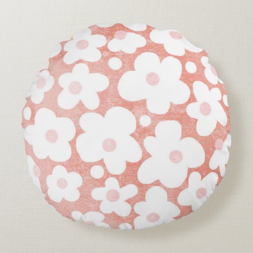 Cute Modern Retro Daisy Pattern Pink Terracotta  Round Pillow