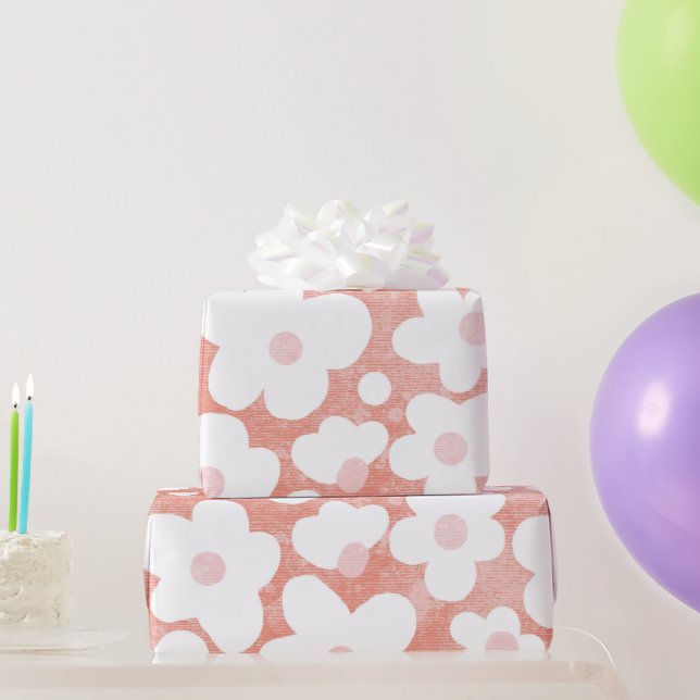 Cute Modern Retro Daisy Pattern Pink Terracotta  Wrapping Paper (Party Gifts)