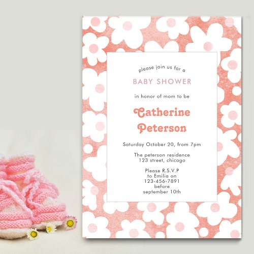 Cute Modern Retro Pink Daisy Floral  Invitation