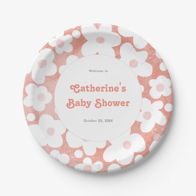 Cute Modern Retro Pink Daisy Floral  Paper Plates (Front)