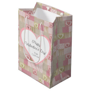 Cute Modern Rustic Patchwork Pink Heart Medium Gift Bag