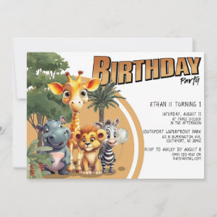 Cute Modern Safari Baby Animals Birthday Party Invitation