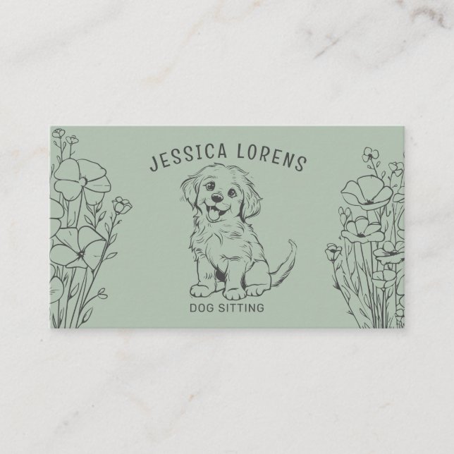 Cute Modern sage Green Dog Sitter, Puppy Walker Business Card (Front)