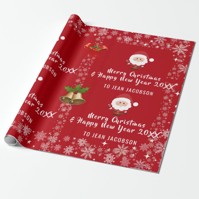 Cute Modern Santa Claus Snowflakes Personalized Wrapping Paper (Unrolled)