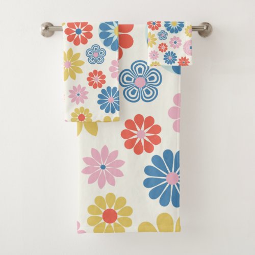 Cute Modern Scandi Boho Folk Flower Pattern Bath Towel Set