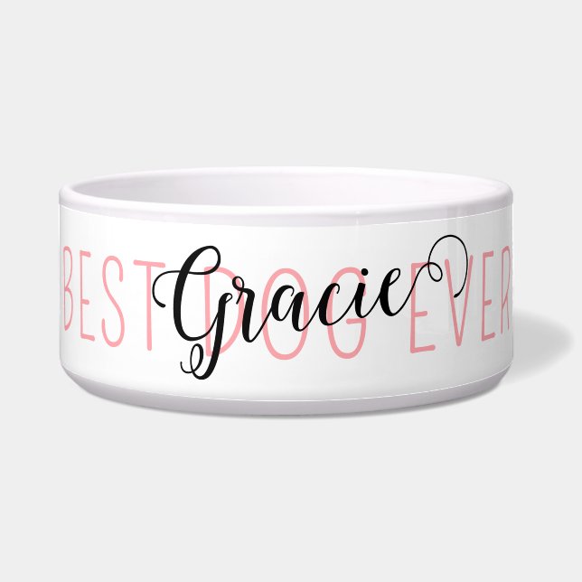 Cute Modern Script Best Dog Ever Personalized Name Bowl (Front)